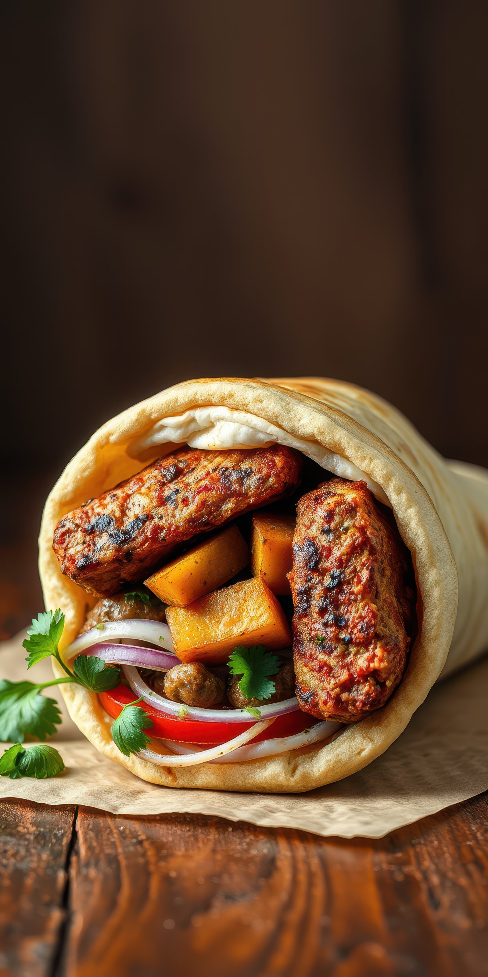 Delicious wrap filled with grilled meat, roasted vegetables, and fresh herbs on a wooden surface